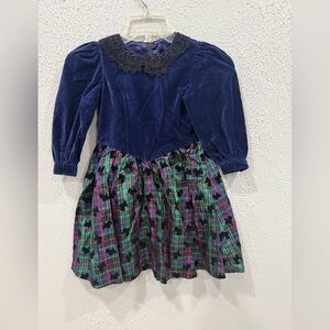 Girls Scottie Navy Blue Lace Collar Velvet Elegant Homemade Kids Dress Size 6-8